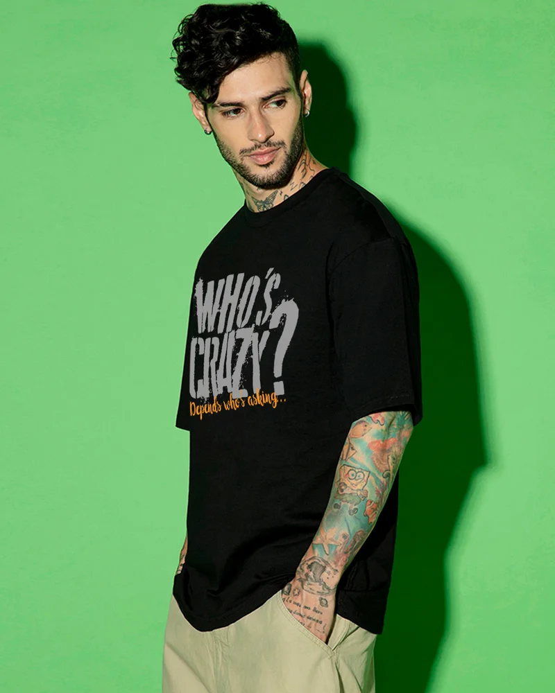 بيواكوف Men's Jet Black Who Is Crazy Typography Oversized T-shirt